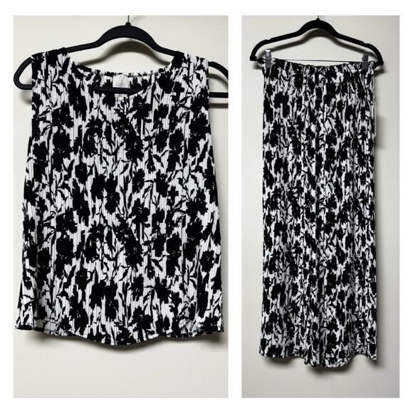 NWT JOIE Black/White Floral Accordion Pleat Set, Top/Pull-On Pants, Sz S - Picture 1 of 11